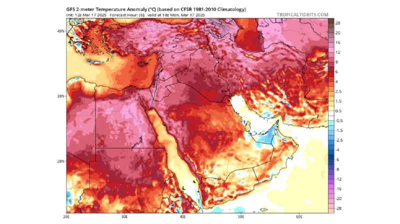 Odchylka teplot od dlouhodobého průměru 17. března na Blízkém východě