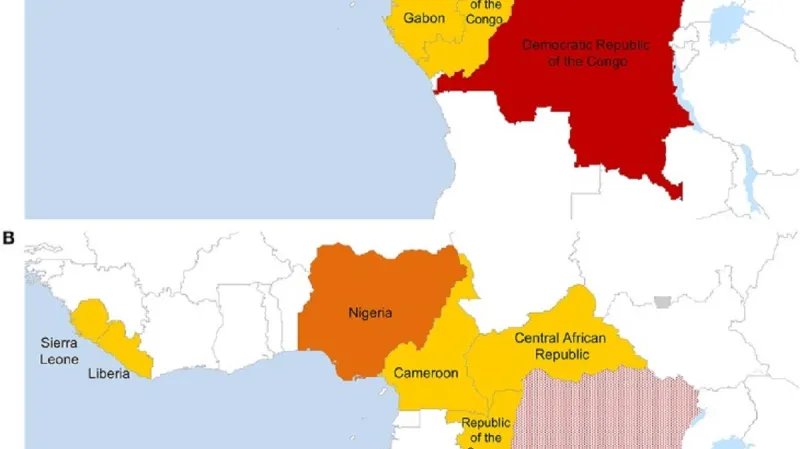 Případy opičích neštovic – na mapě A do roku 2017, na mapě B mezi lety 2017 a 2018