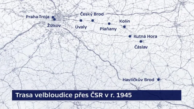 Trasa, po které skauti vedli v roce 1945 velbloudici