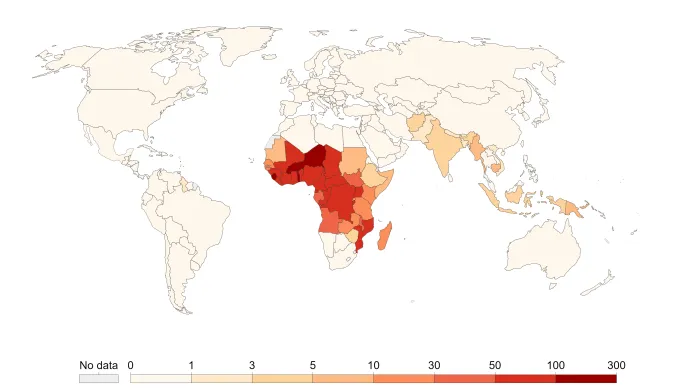 Počet úmrtí na malárii na sto tisíc obyvatel (2017)