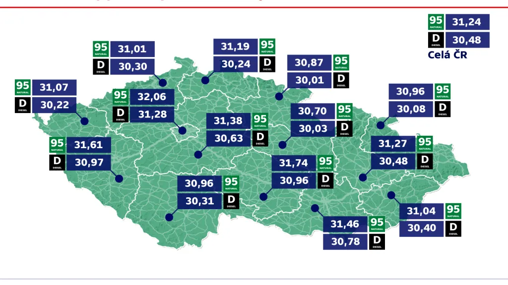 Průměrné ceny pohonných hmot v krajích ČR k 15. únoru (Kč/l)