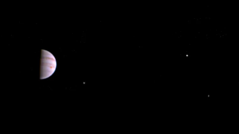 Snímek Jupitera a jeho tří měsíců