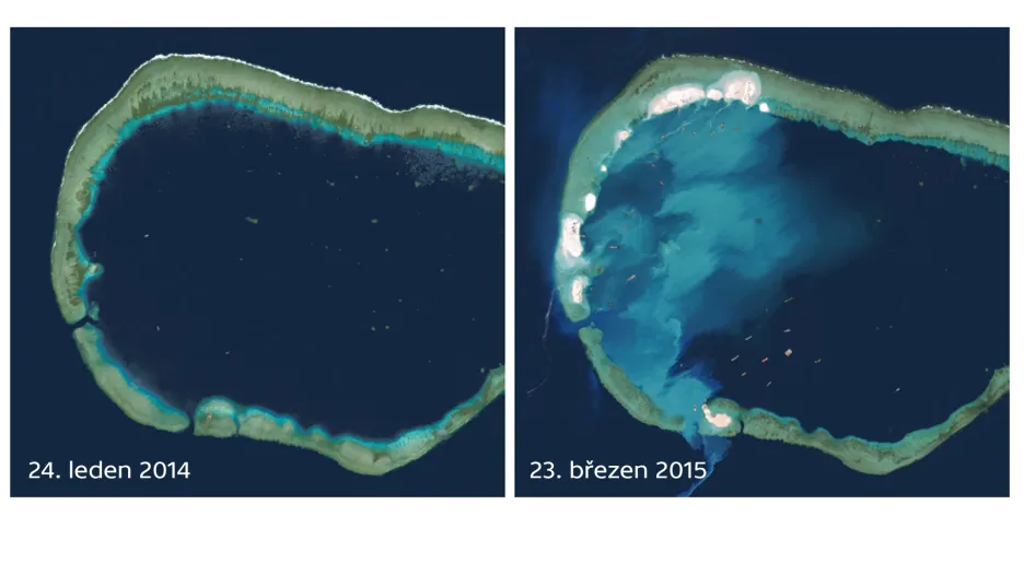 Útes Mischief Reef, který Čína zasypává pískem