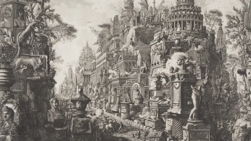 Giovanni Battista Piranesi / Pohled na křižovatku antických cest Via Appia Antica a Via Ardeatina, 1756