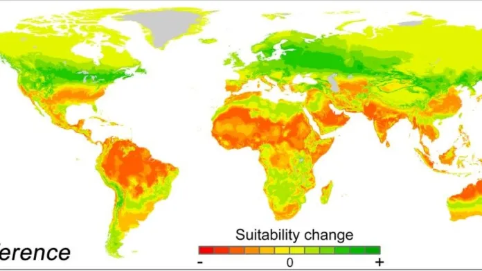 Změna podmínek pro lidstvo do roku 2070 podle klimatického modelu RCP8.5. Červená = zhoršení, zelená = zlepšení