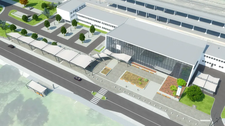 varianta číslo 1: 152 parkovacích míst, zastřešení zastávek - ocelová konstrukce a exteriérové membránové plachty