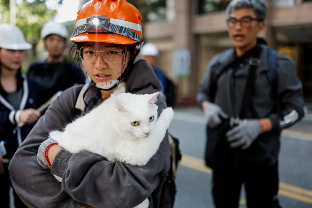 Šestnáctiletá Katie Huangová nese svou kočku Tako, kterou našla schovanou za postelí, když s rodinou sbírala věci z poškozené budovy