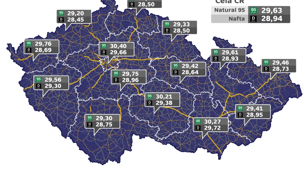 Průměrné ceny pohonných hmot v krajích ČR