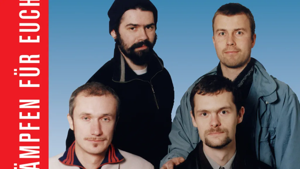 Josef Bolf, Ján Mančuška, Jan Šerých, Tomáš Vaněk, Wir kämpfen für euch (Pereme se za vás), plakát vytvořený pro Vitrínu skupiny na ulici Komunardů v Holešovicích, 1998