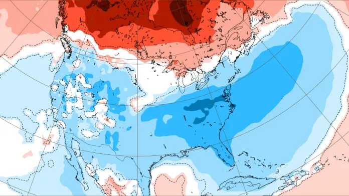 Teplotní anomálie nad USA, předpověď na 13. leden