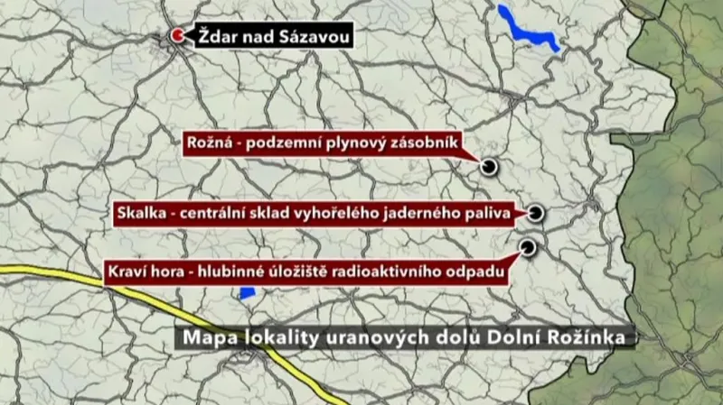 Mapa uranových dolů na Žďársku
