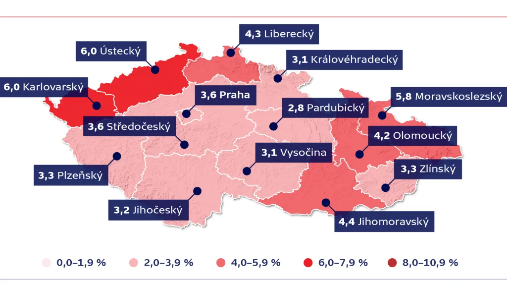 Nezaměstnanost v krajích ČR – duben 2021 (v %)