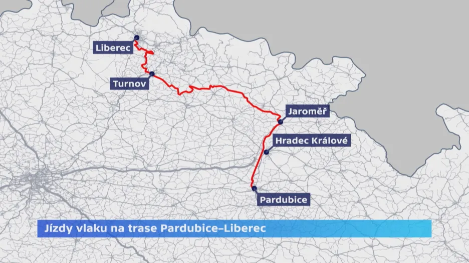 Trasa vlaku z Pardubic do Liberce