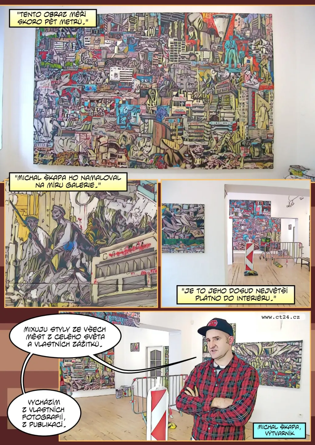 Streetartová výstava v Praze. Výtvarník komiksovými prvky ztvárňuje třeba bourání pomníků