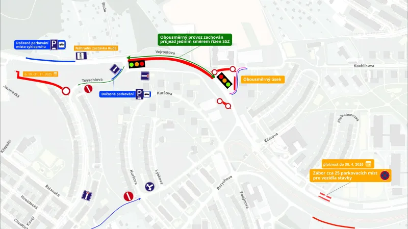 Dopravní omezení při stavbě tramvajové trati Bystrc–Kamechy