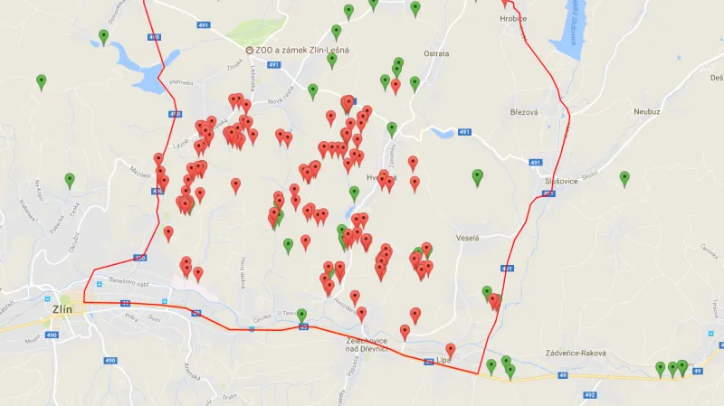 Pozitivní a negativní nálezy afrického moru prasat uvnitř a vně vysoce rizikové oblasti v rámci zamořené oblasti k 29. prosinci 2017