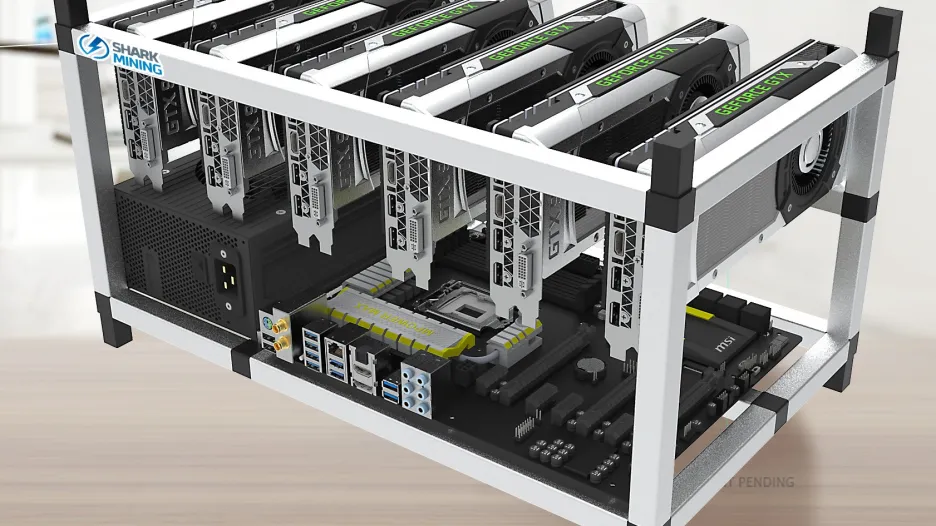 Příklad počítače se šesti grafickými kartami, coby specializované sestavy (rig) pro těžbu kryptoměn.