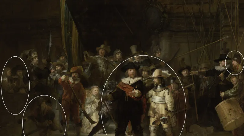 Rekonstrukce Noční hlídky s vyznačenými změnami