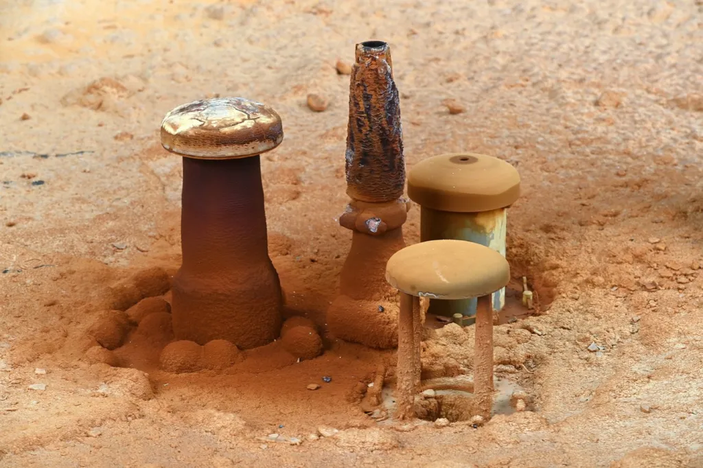 Trysky na dně bazénu jsou pokryté vrstvou usazeného vřídlovce. Údržbáři jej během odstávky odstraní