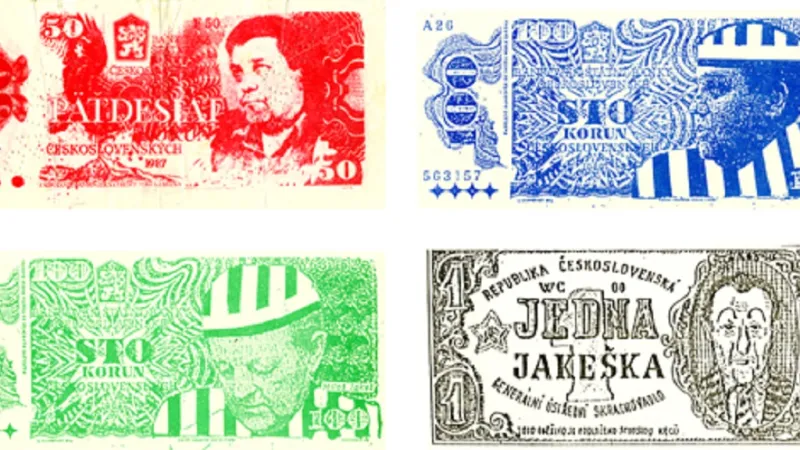 Upravené reprodukce padesátikoruny vzoru 1987 a stokoruny vzoru 1989 s kolážovanými portréty vysokých představitelů KSČ Miroslava Štěpána a Miloše Jakeše (některé ve vězeňském stejnokroji) vyrobené na jednobarevných kopírkách s vyměnitelným barevníkem a ručně nakreslená napodobenina smyšlené hodnoty ‚jedna jakeška‘