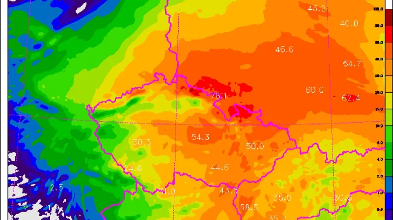 Předpověď množství srážek do čtvrtečního rána podle modelu ALADIN