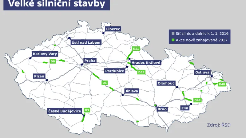 Mapa vybraných silničních staveb