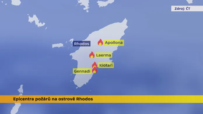 Epicentra požárů na ostrově Rhodos