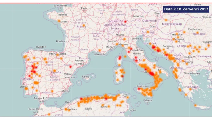 Požáry v Evropě k 18. červenci 2017