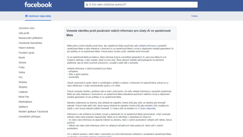 Námitka proti používání osobních údajů k učení Meta AI
