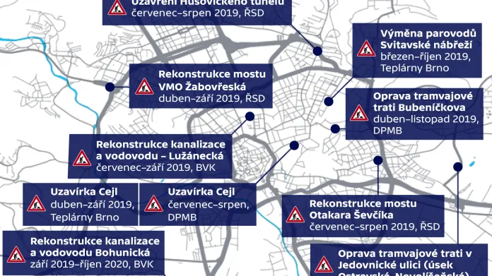 Přehled stavebních prací a uzavírek v Brně v roce 2019