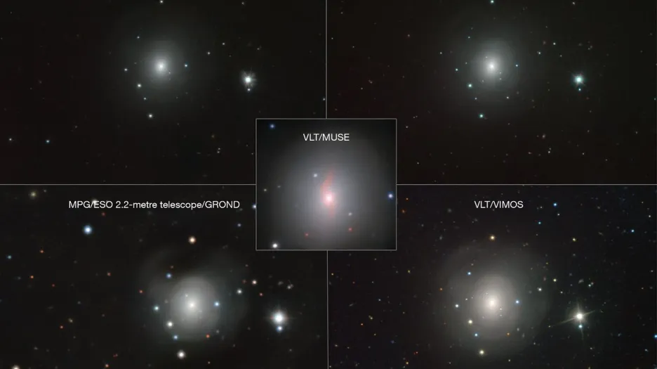 Mozajka snímků galaxie NGC 4993 a kilonovy pořízených dalekohledy ESO