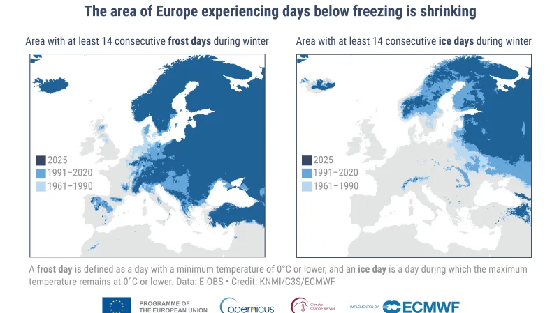 Mapa ukazuje místa, kde byly během zim v Evropě nejméně čtrnáctidenní etapy s teplotami pod nulou během noci (vlevo) a během dne (vpravo)