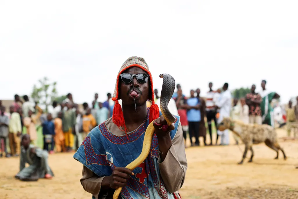 Abubakar Usaini, který cestuje s cirkusem, ukazuje propíchnutý jazyk a hada, který jej spolu s hyenou doprovází po oblasti Gabasawa