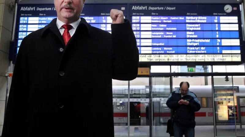 Claus Weselsky při stávce na hlavním nádraží v Mannheimu