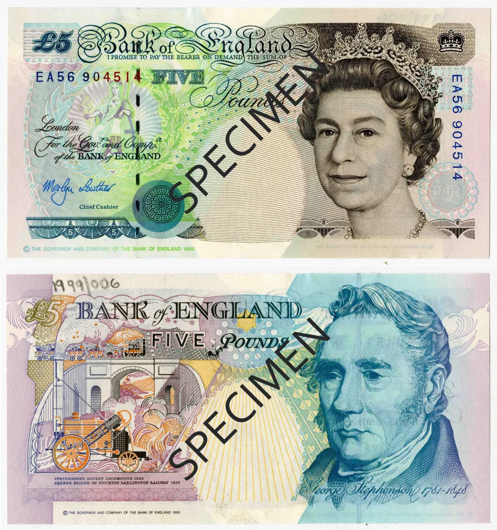 Bankovka série E s královnou Alžbětou II. a Georgem Stephensonem v hodnotě pět liber (v oběhu od 1. 3. 1993 do 21. 11. 2003)