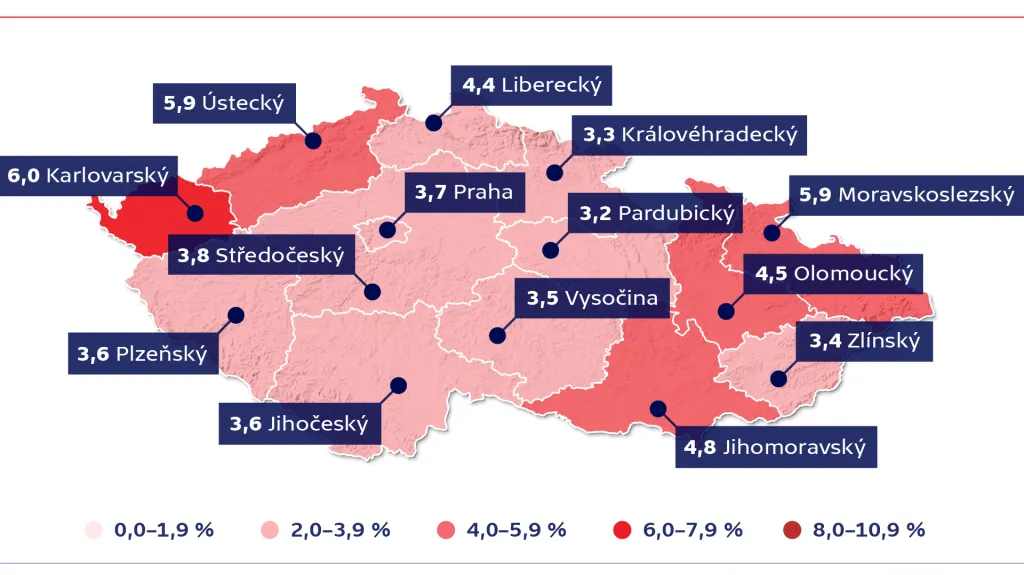 Nezaměstnanost v krajích ČR – únor 2021 (v %)