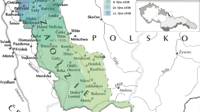 Mapa fází obsazování Těšínska polskou armádou v říjnu 1938