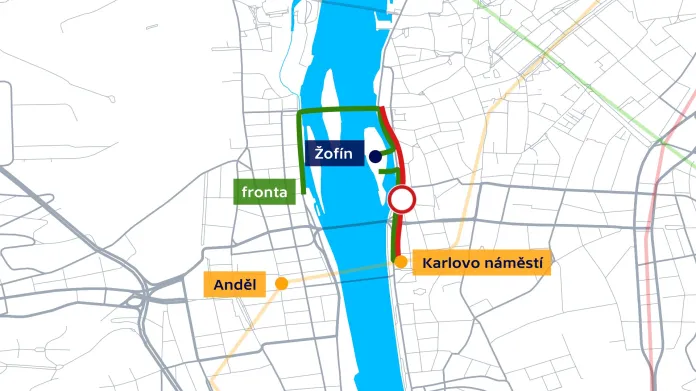 Situační plánek pro 11. října: příchod a odchod z Žofína (zeleně), dopravní uzavírka (červeně), nejbližší stanice metra (žlutě)