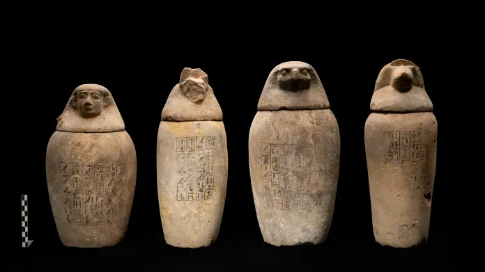 Kanopy (nádoby na vnitřnosti vyňaté z těla během balzamování zesnulého) nalezené v nově objeveném mumifikačním depozitu v Abúsíru. Hieroglyfické texty na nich zapsané uvádějí jako jejich majitele jistého Wahibre-meri-Neita