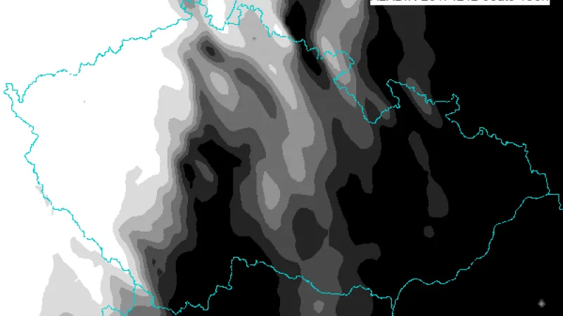 Mapka oblačnosti na 13. prosince  v 19 hodin. Tmavé oblasti znamenají menší oblačnost