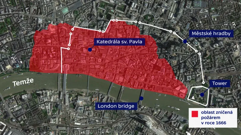 Oblast zasažená požárem v roce 1666