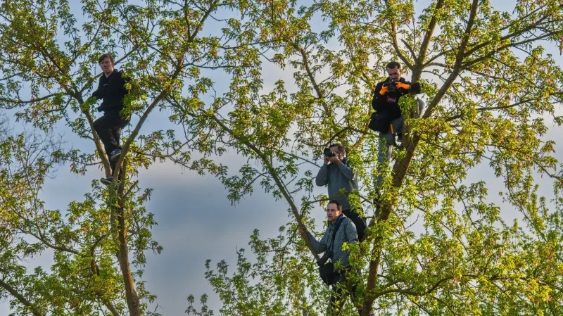 Fotografové snímající parní lokomotivu