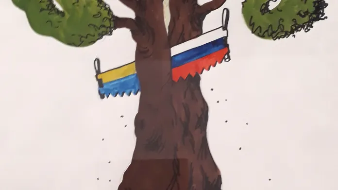 Kresba z roku 1997, na níž pila ukrajinské a ruské národnosti řeže strom s nápisem Slovanstvo v koruně