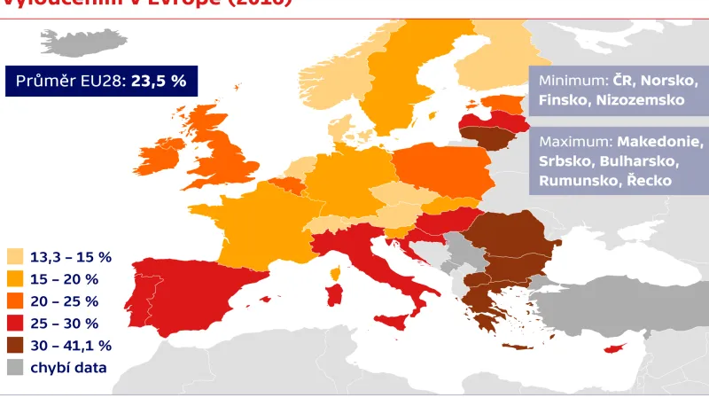 Souhrnný indikátor ohrožení příjmovou chudobou nebo sociálním vyloučením v Evropě (2016)