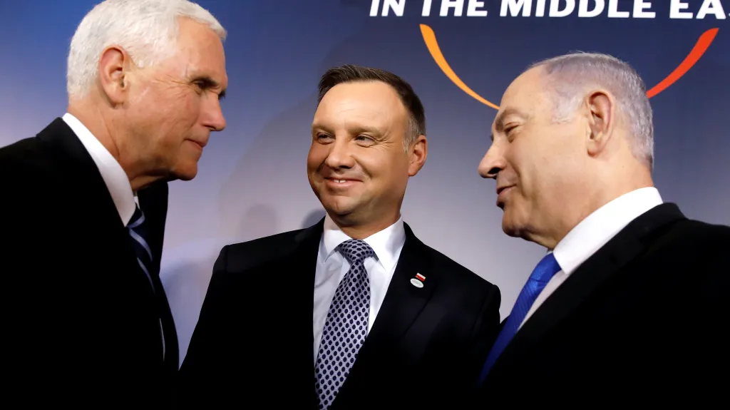 Viceprezident USA Mike Pence, polský prezident Andrzej Duda a izraelský premiér Benjamin Netanjahu