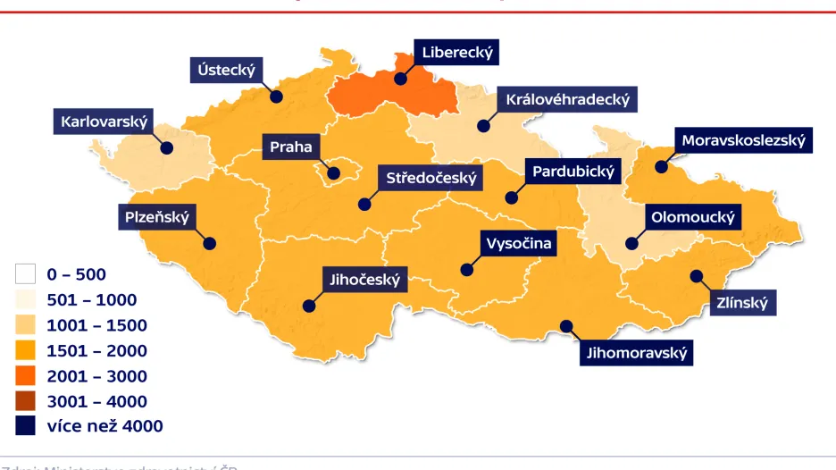 Relativní nemocnost v krajích na 100 000 obyvatel