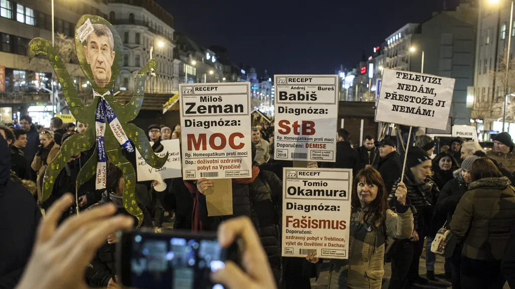 Na demonstraci za zachování svobody slova se na Václavském náměstí v Praze sešly stovky lidí. Nesouhlasí s výroky prezidenta Miloše Zemana proti médiím.