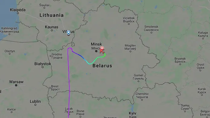 Grafické znázornění odklonu letu do Vilniusu. Letadlo bylo blíže tam než do Minsku