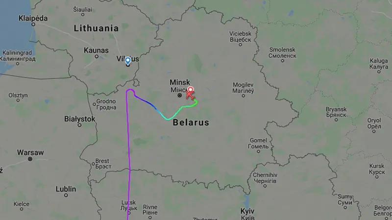 Grafické znázornění odklonu letu do Vilniusu. Letadlo bylo blíže tam než do Minsku