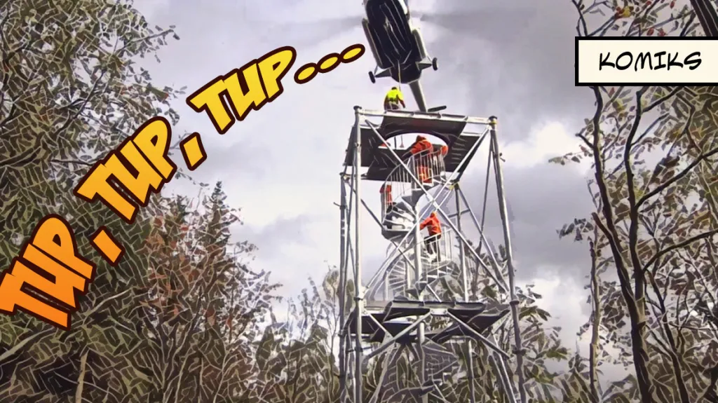 Stavba rozhledny Žaltman vrtulníkem